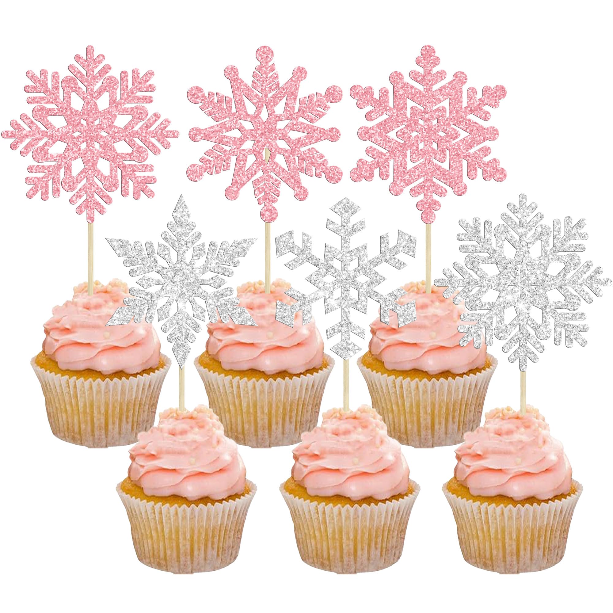 Gyufise 36 Pack Snowflake Cupcake Toppers Pink Silver Glitter Winter Frozen Theme Cupcake Picks Baby Shower Kids Birthday Party Christmas Cake Decorations Supplies