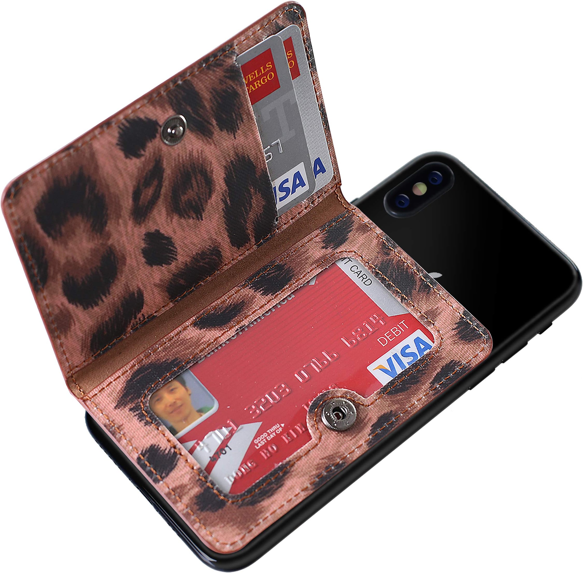CheapSunday ID Card Holder for Back of Phone Leather Phone Wallet Stick On with Stand Flip Waterproof Leather Adhesive Wallet for Most Cellphones (Leopard)
