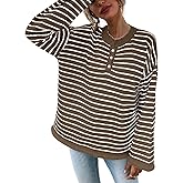 SHENHE Women's Oversized Striped Sweaters Long Bell Sleeve Buttons Up Ribbed Knit Henley Tops Winter Sweater