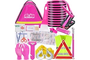 HLWDFLZ Car Roadside Emergency Kit - Pink Roadside Assistance Emergency Kit with Jumper Cables, Reflective Warning Triangle, Deer Whistles, Winter Car Safety Roadside Assist Kit for Teen Girl, Ladies