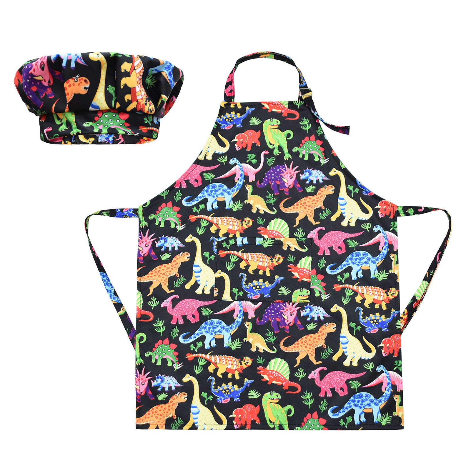 Xinstroe Kids Apron and Chef Hat Dinosaur Apron with Pocket Adjustable Chef Apron Set for Boy Girl Painting Cooking Baking Kitchen