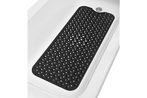 TIKE SMART Extra-Long Non-Slip Bathtub & Shower Mat 39”x16” (Smooth/Non-Textured Tubs Only) Safe, Clean, Machine-Washable, Superior Grip&Drainage, Vinyl, Opaque Black
