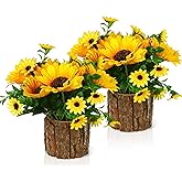 Lilithye Artificial Flowers Fake Silk Sunflower Flower in Planters Flower Vase Small Rustic Potted Flower Arrangements Artificial for Home Outdoors Tabletop Decor Set of 2 (Yellow)