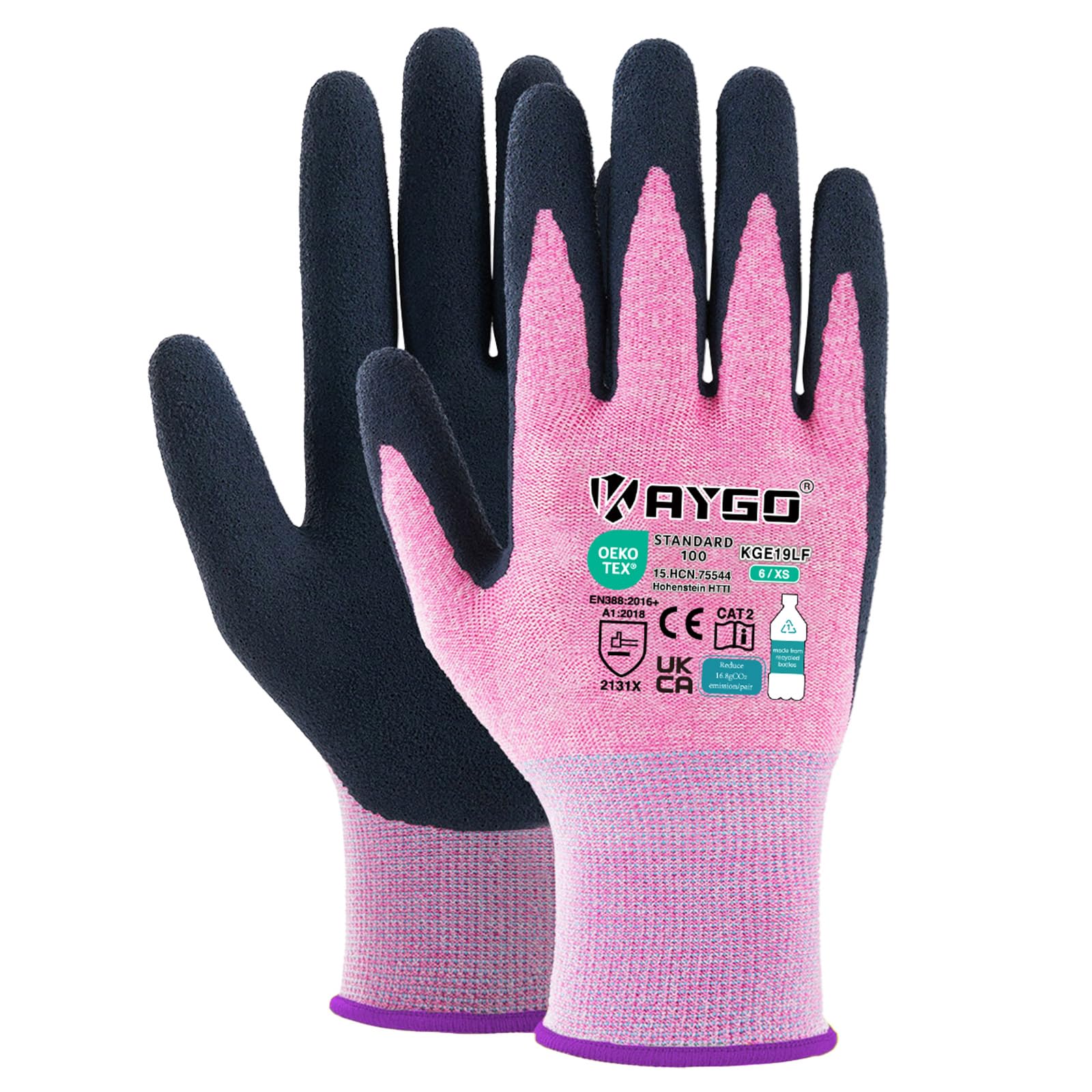 KAYGO Latex Coated Work Gloves for Women Breathable, 3 Pairs Recycled Polyester Gardening Gloves, Eco Friendly Safety Yard Work Gloves for Ladies, KGE19L (Pink, X-Small)