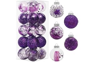 SY SUPER BANG 70MM/2.76" Christmas Ornaments Set, 20PCS Shatterproof Decorative Hanging Ball Ornament with Stuffed Delicate Decorations, Clear Rustic Xmas Tree Balls for Holiday Party- Purple.