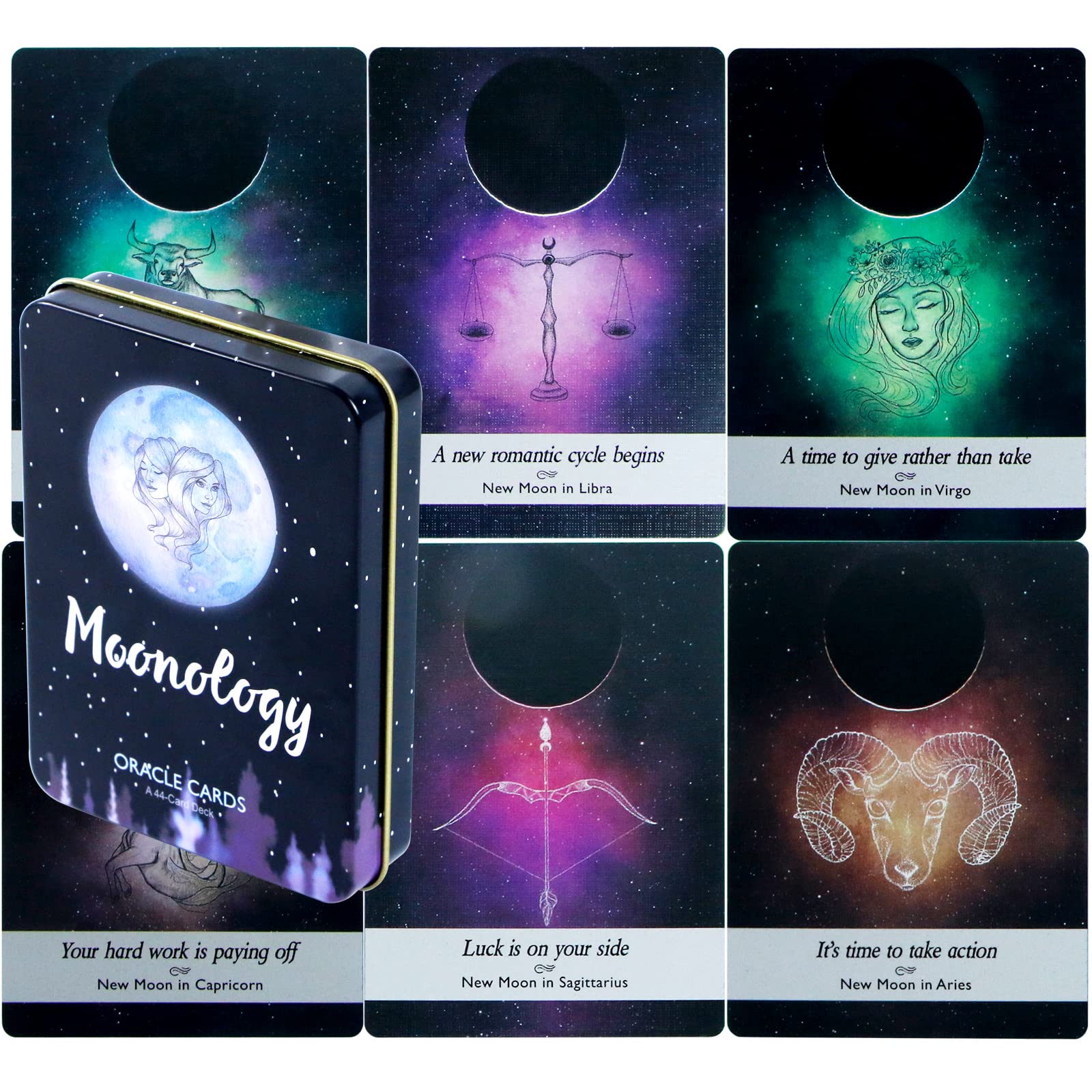 Atesswy Moonology Oracle Cards in A Tin, A 44-Card Deck Gilded Black (Limited Edition), 400 GSM Black Core Cardstock