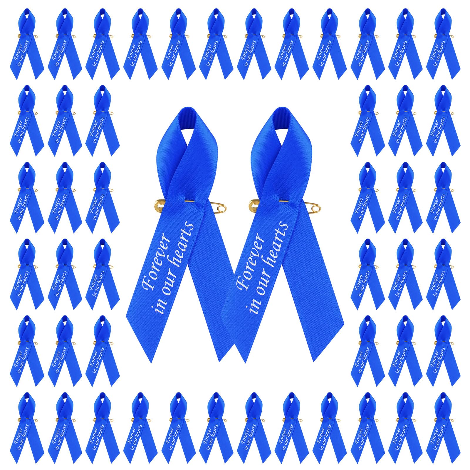 CRAFFANCY 100pcs Blue Ribbon Pins Prostate Cancer Awareness Badges Colon Cancer Brooch Memorial Ribbon Badges in Forever in Our Hearts for Funeral Mourning Event Bereavement Remembrance