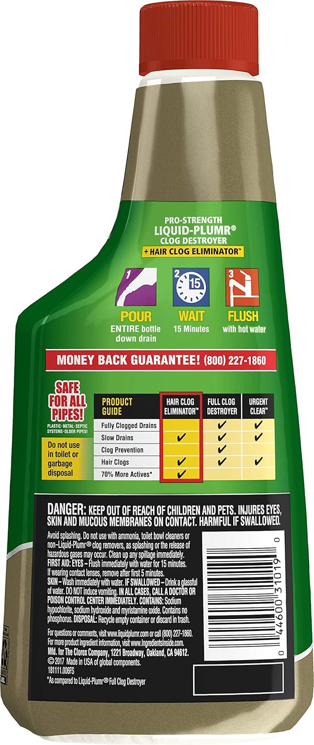 Liquid-Plumr Hair Clog Eliminator Removes Tough Hair Clogs, 16 Fl Oz (Pack of 6): Health & Personal Care