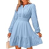Simplee Womens Eyelet Long Sleeve Mini Dress 2025 Fall Boho Embroidery V Neck A Line Casual Short Party Dresses