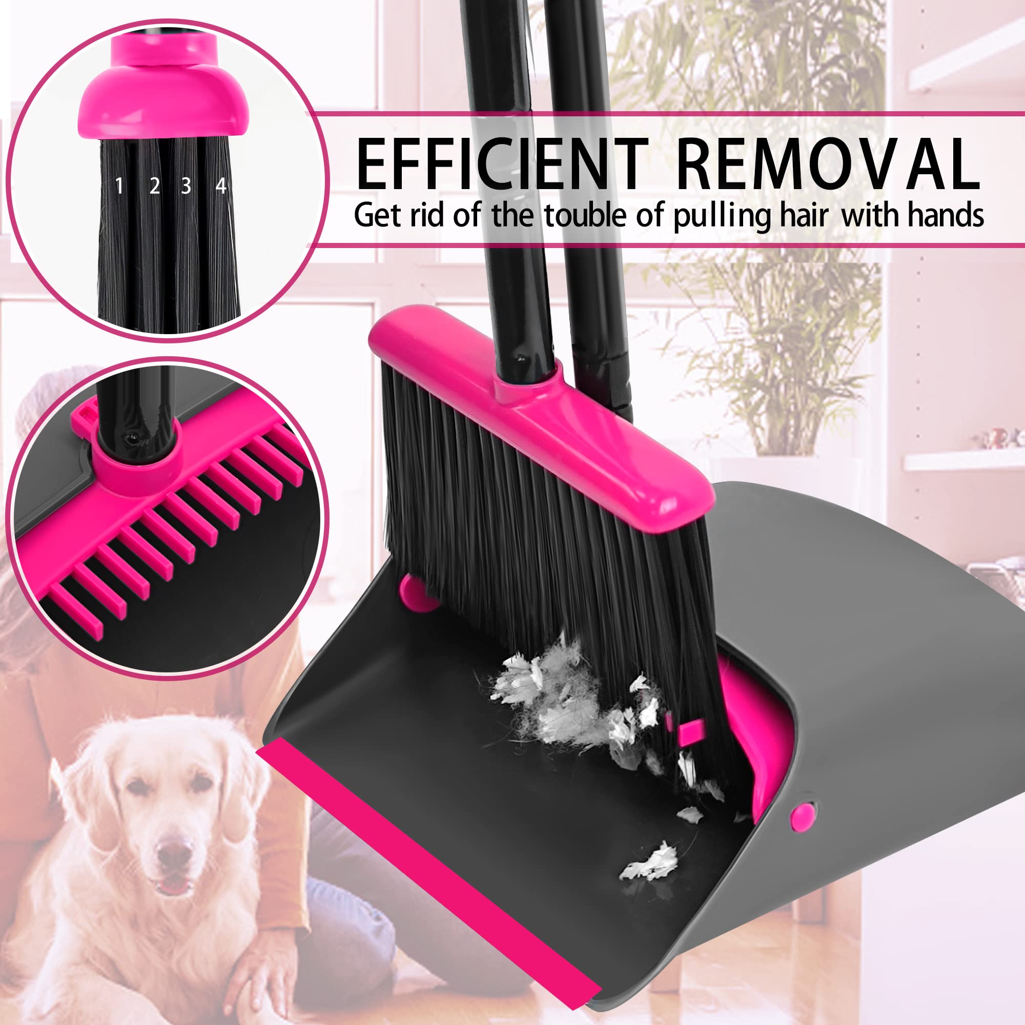 JEHONN Broom with Dustpan Combo Set, Long Handle Lightweight Indoor Broom Set, Upright Standing Dust Pan with Comb Teeth Store Sweep Set for Home Room Kitchen Office Lobby (Rose Red)