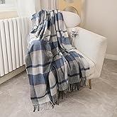 Temminc Woolly Throw Pure Wool Blanket - Large 55x83 inches, 1.5 lbs,Wool Fringed Knee Throw Blanket for Couch Bed Outdoor Travel,Soft Lightweight Breathable Blanket for All Season,Blue Check