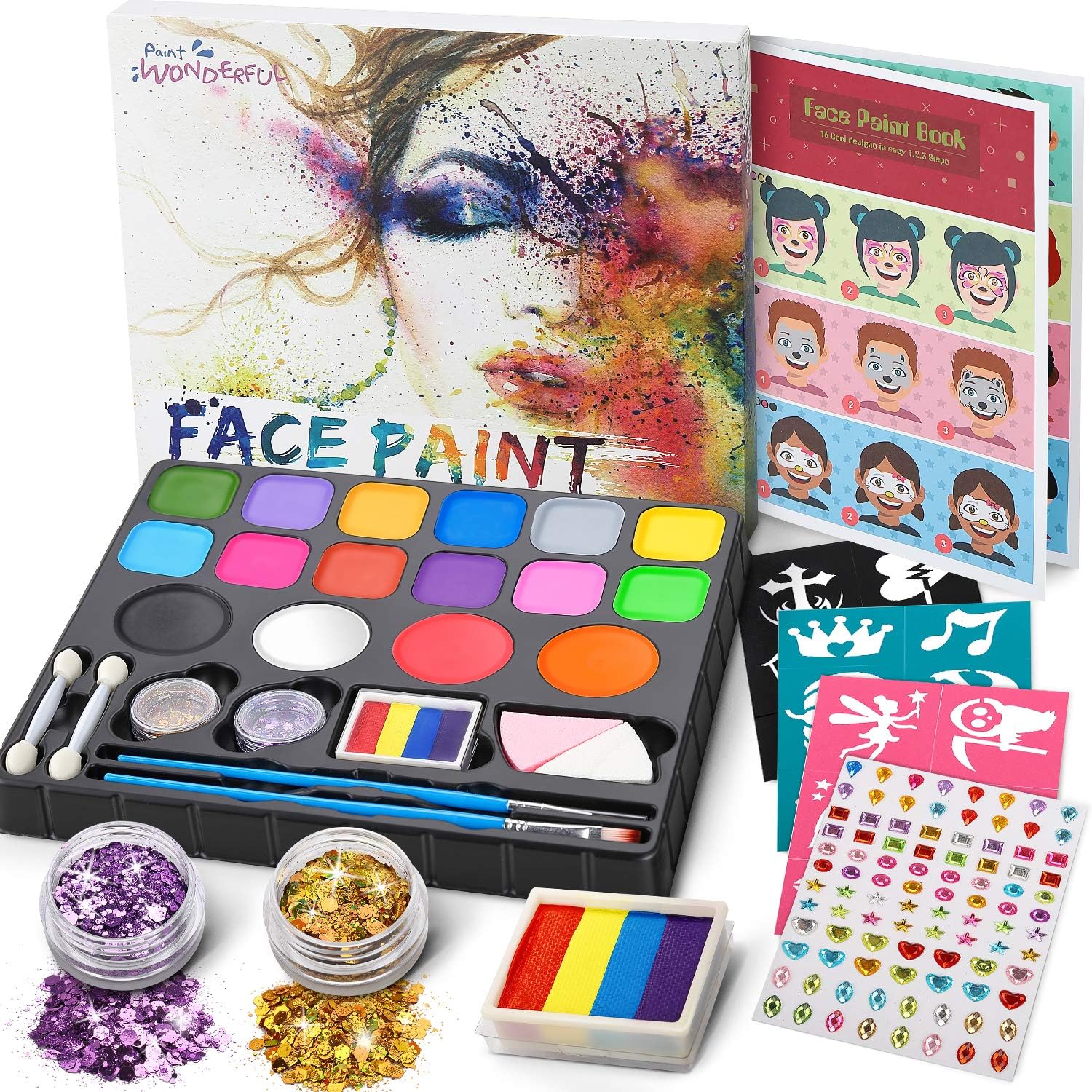 Jojoin Face Paint Set for Kids, 16 Color Face Painting Palette with 4