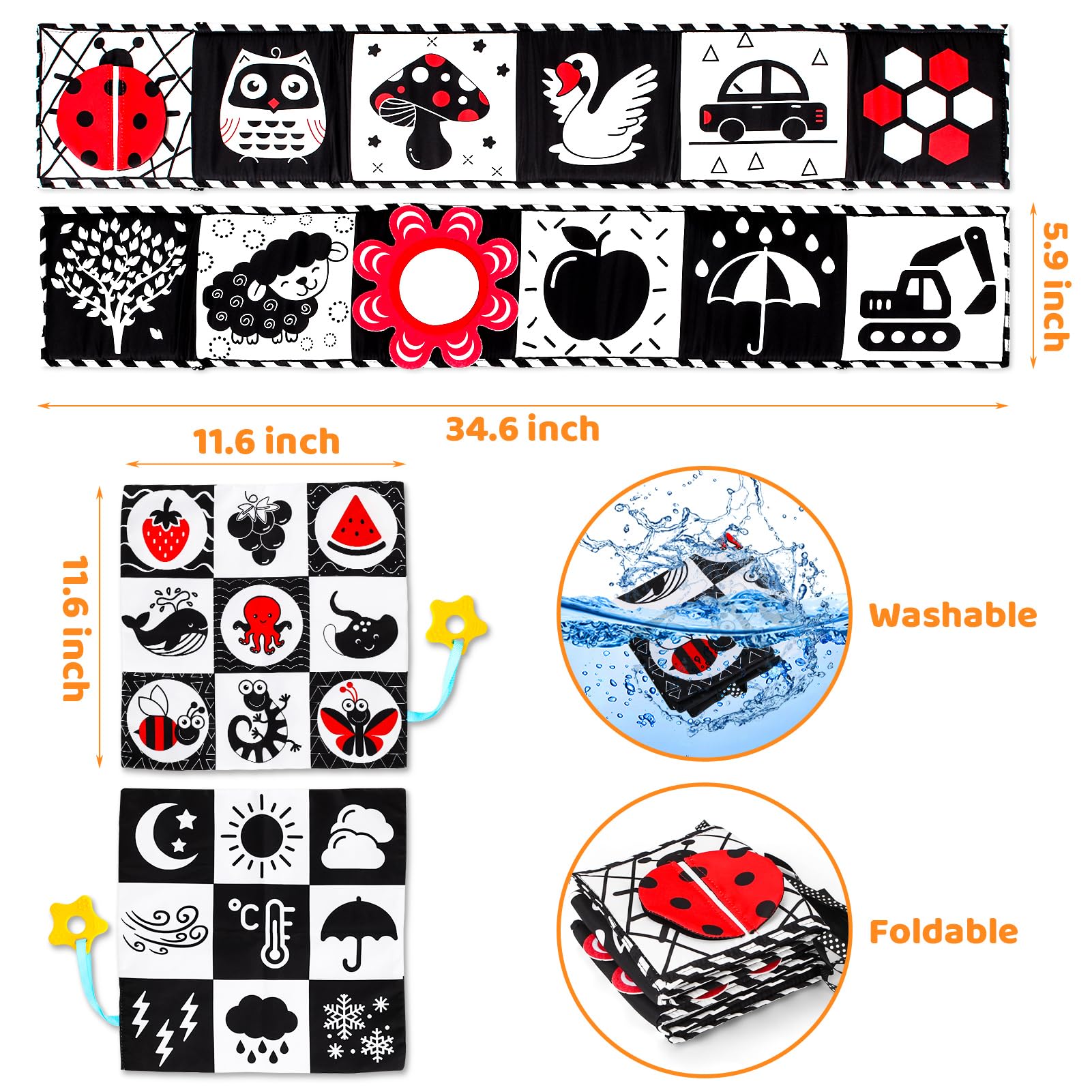 High Contrast Baby Toys for Newborn Infant 0-6 Months Montessori Tummy Time Black and White Sensory Crinkle Toys 0-3 3-6 Months Soft Books Carseat Toys for Baby Boys Girls Easter Basket Stuffers Gifts