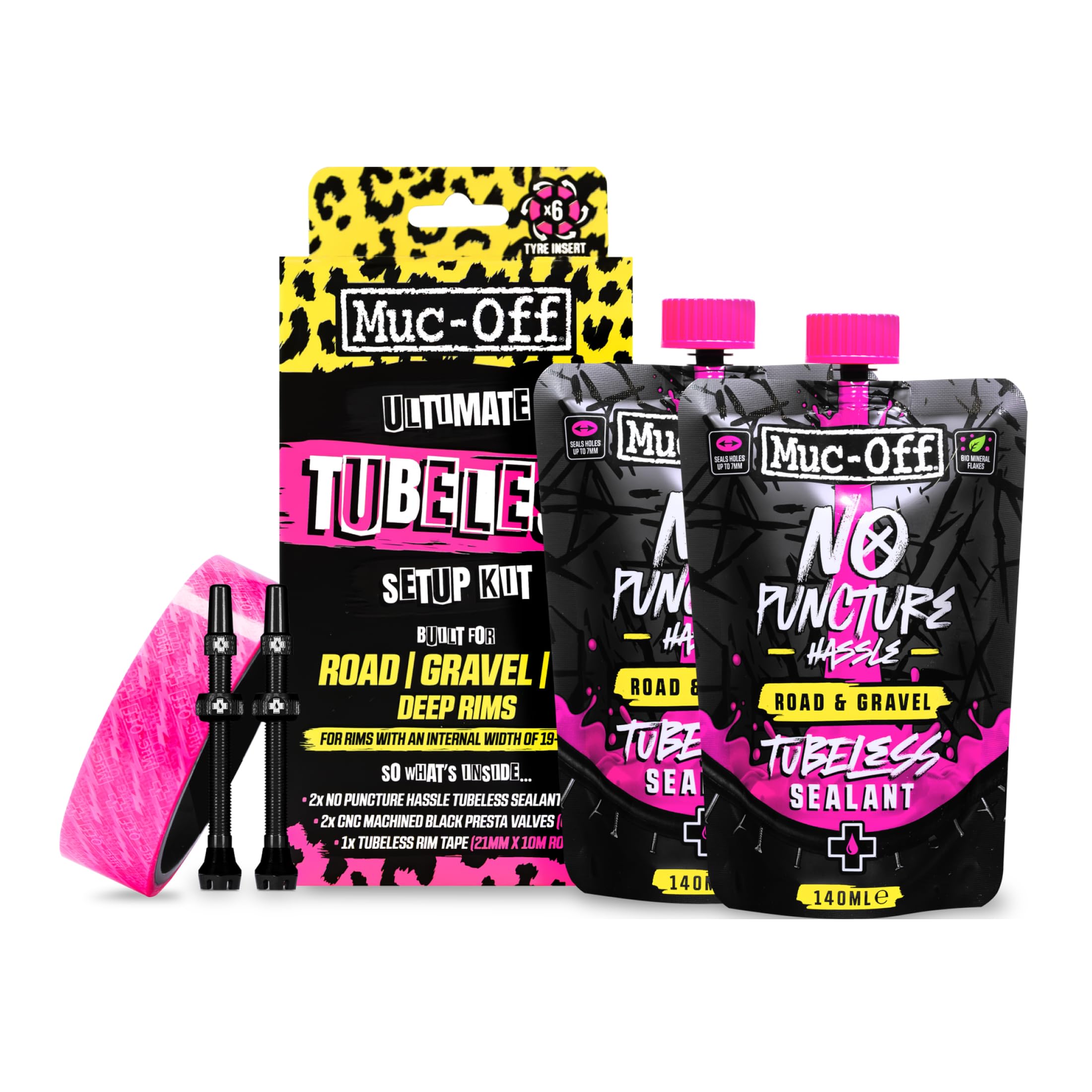 Muc-Off Ultimate Tubeless Setup Kit - Complete Tubeless Conversion Kit with Sealant, Rim Tape, Valves, and Patches - Fits MTB, Road, Gravel & CX Wheels - Road/Gravel (21mm Tape / 60mm Valves)