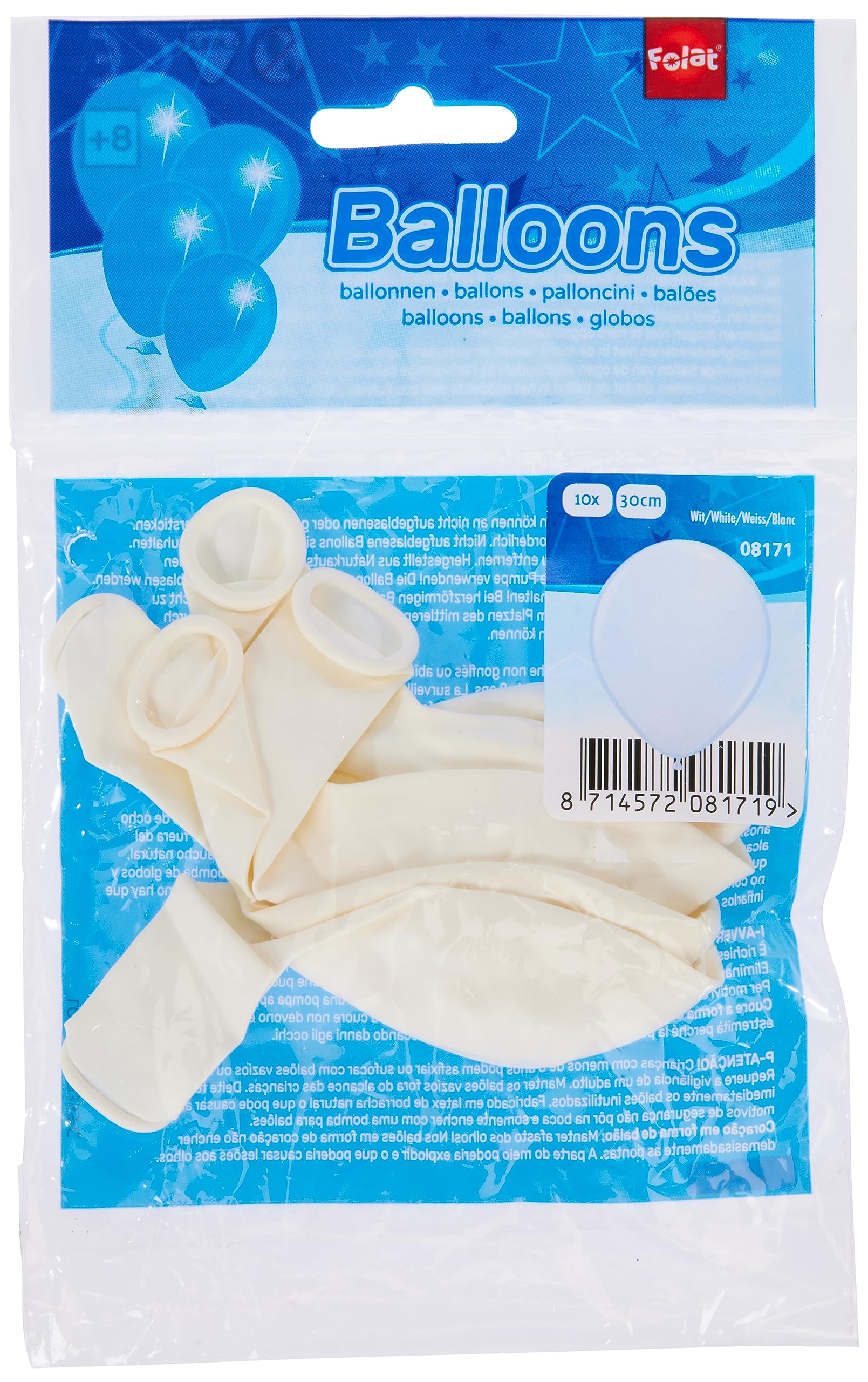 Folat 08171 White Balloons 30 cm-10 Pieces