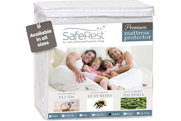 SafeRest 100% Waterproof Queen Size Mattress Protector - Fitted with Stretchable Pockets - Machine Washable Cotton Mattress Cover for Bed