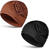 Heclia Cotton Chemo Headwear for Women 2 Pack Soft Cancer Head Scarf Surgical Caps in Black Coffee, Elastic Hair Wraps, Comfortable Turbans for Hair Loss Patients, Beanie Skull Cover Cap for Women