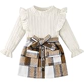 Weixinbuy Toddler Girl Fall Winter Clothes Solid Long Sleeve Ribbed T-Shirt Knit Tops Plaid Button Mini Skirts Set Outfits
