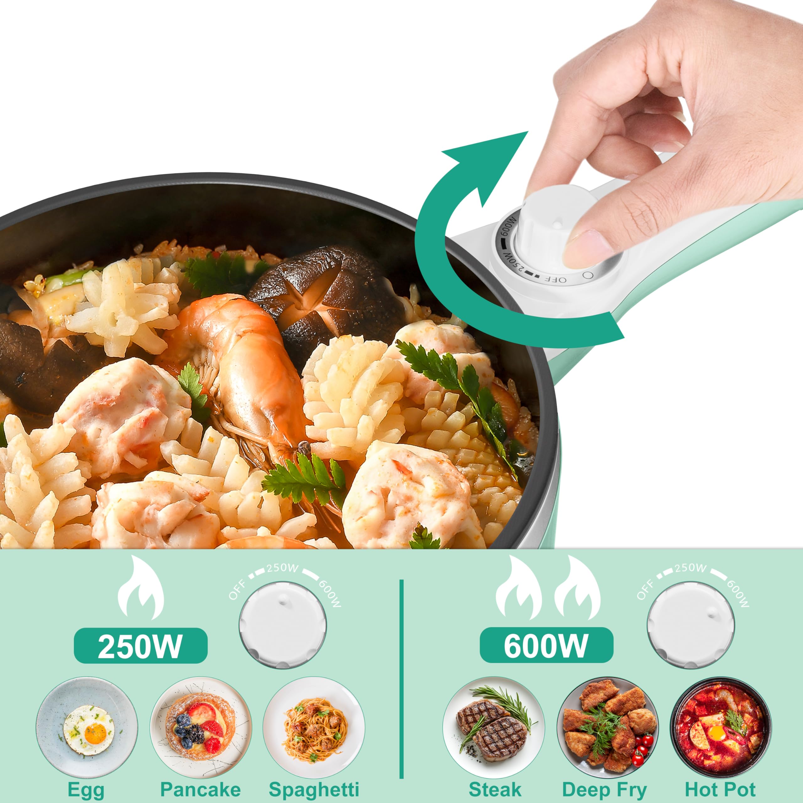 DEZIN Hot Pot Electric Upgraded, Non-Stick Sauté Pan, Rapid Noodles Electric Pot, 1.5L Mini Portable Hot Pot for Steak, Egg, Fried Rice, Ramen, Oatmeal, Soup with Power Adjustment