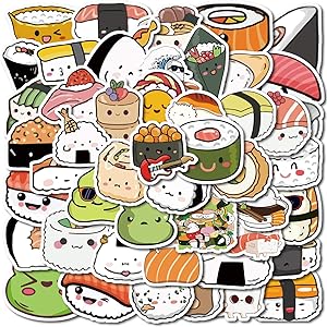YIZIZ Waterproof Stickers for Teens Kids |Sushi Roll Rice Stickers Toys Gifts| 48 Pcs | Vinyl Stickers for Laptop,Computer,Water Bottles,Hydro Flask,Phone,Skateboard(SuShi-48)