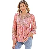 R.Vivimos Summer Boho Tops for Women 2026 Long Sleeve V Neck Floral Print Casual Loose Tunic Blouses Shirts