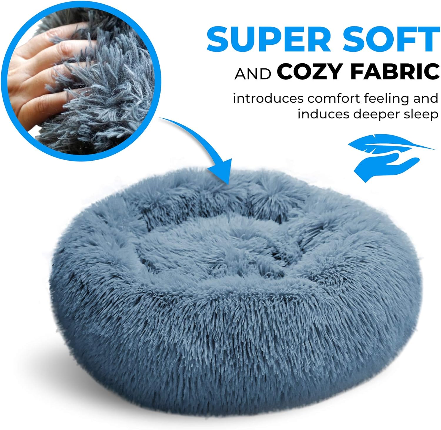 Whiskers & Friends Cat Dog Bed Calming Soft Plush Faux Fur Shag Donut Comfort Cuddler Improve Sleep - Up to 25 Pounds - Gentle Delicate Wash, Air Delicate Dry (Navy-Gray) : Pet Supplies
