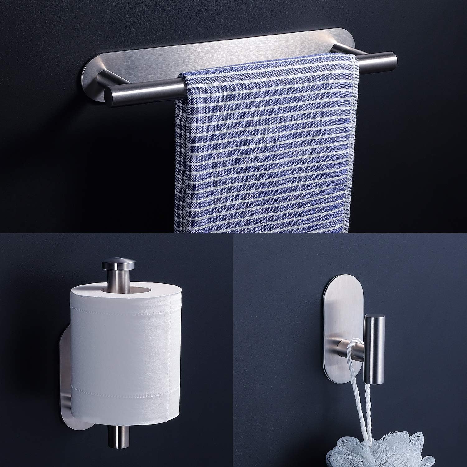 Taozun Stainless Steel Bathroom Hardware Set 3 Pieces Include 12 Inch Hand Towel Bar, Toilet Paper Holder and Robe Towel Hooks, Bathroom Accessories Kit Self Adhesive (No Drilling)