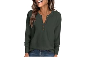 Women's Casual Shirt Waffle Henley V Neck Long Sleeve Tops Fall Winter Loose Breathable Solid Color Pullover Blouses