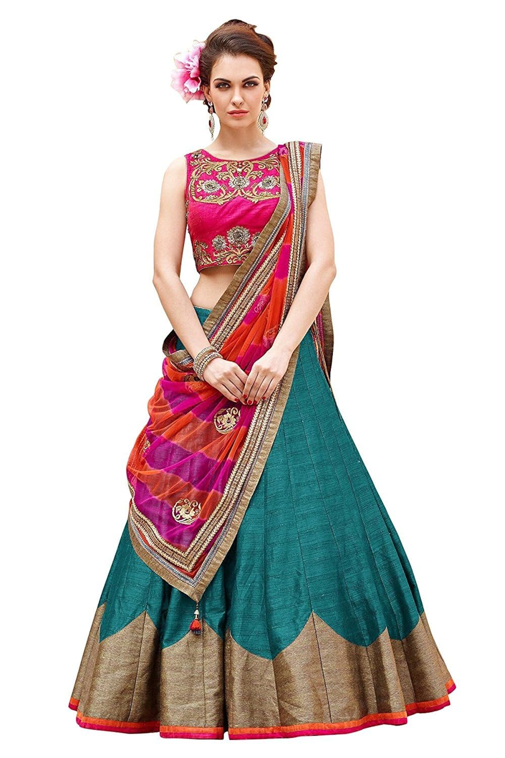 prabhuta enterprise women's banglory silk lehanga choli(pe689 firozi and pink free size)