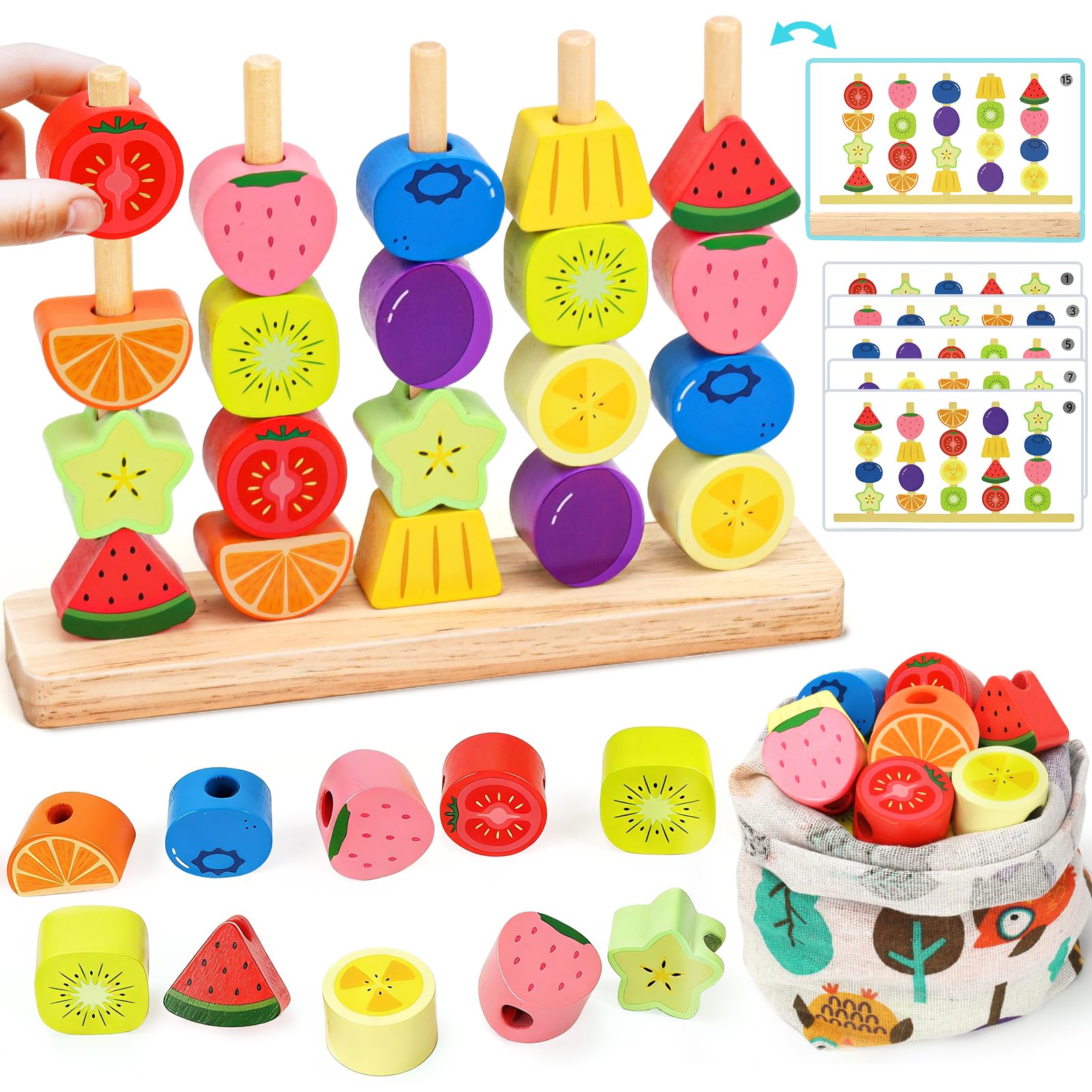 Montessori Wooden Toddler Toys Gifts: Toys for 2 3 4 Year Old Boys Girls - Sorting Stacking Blocks Fine Motor Skills Educational Set - Toddlers Beads Sequence Games for 2-5 Year Old Girl Learning Toy