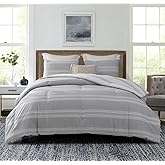 SLEEPBELLA Comforter Queen Size, 600 Thread Count Cotton Light Gray & White Stripes Reversible Pattern Grey Comforter Sets,Down Alternative Bedding Set 3Pcs (Queen, Grey Stripes)