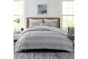 SLEEPBELLA Comforter Queen Size, 600 Thread Count Cotton Light Gray & White Stripes Reversible Pattern Grey Comforter Sets,Do