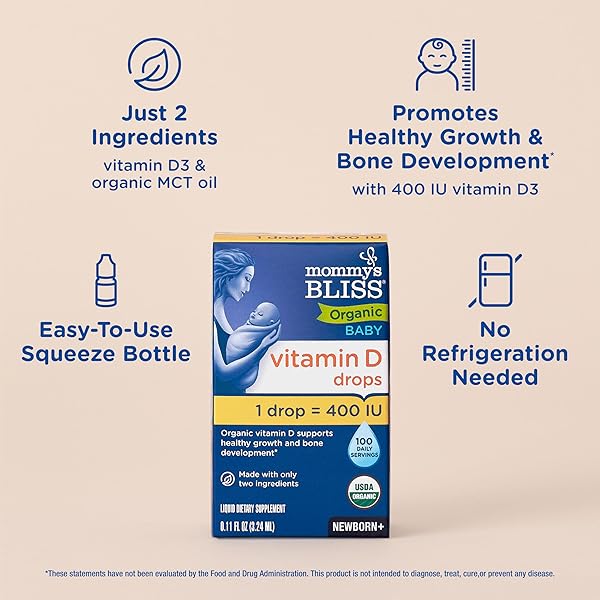 MOMMY’S BLISS ORGANIC BABY VITAMIN D DROPS | PROMOTES HEALTHY GROWTH AND BONE DEVELOPMENT | AGE NEWBORN+ | 0.11 FL OZ (100 SERVINGS)