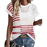 Gleeneat Womens Crochet Hollow Out Sweater Short Sleeve Summer Boho Crewneck Color Block Knit Tops 2026 Casual Beach Shirts