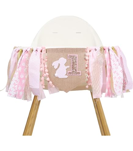 Jute Burlap High Chair Banner With Bunny - Spring 1st Birthday Party Decoration, Pre-Strung Rustic Banner - View #9