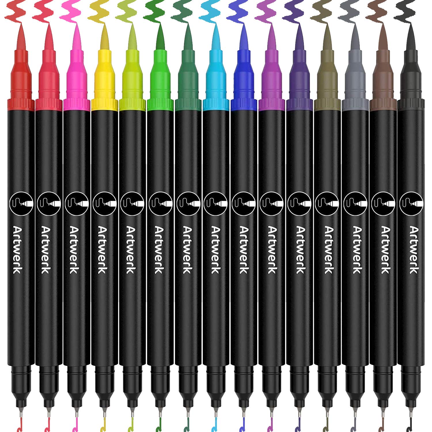 15 Pack Fine Point Brush Marker Pens [Bullet Journal] Dual Tip ArtWerk Colored Brush Pen 0.4 Fineliner Fine Point Markers Set - Dual Tips Art Supplies with Brush Tip - Best for Adult Coloring Books