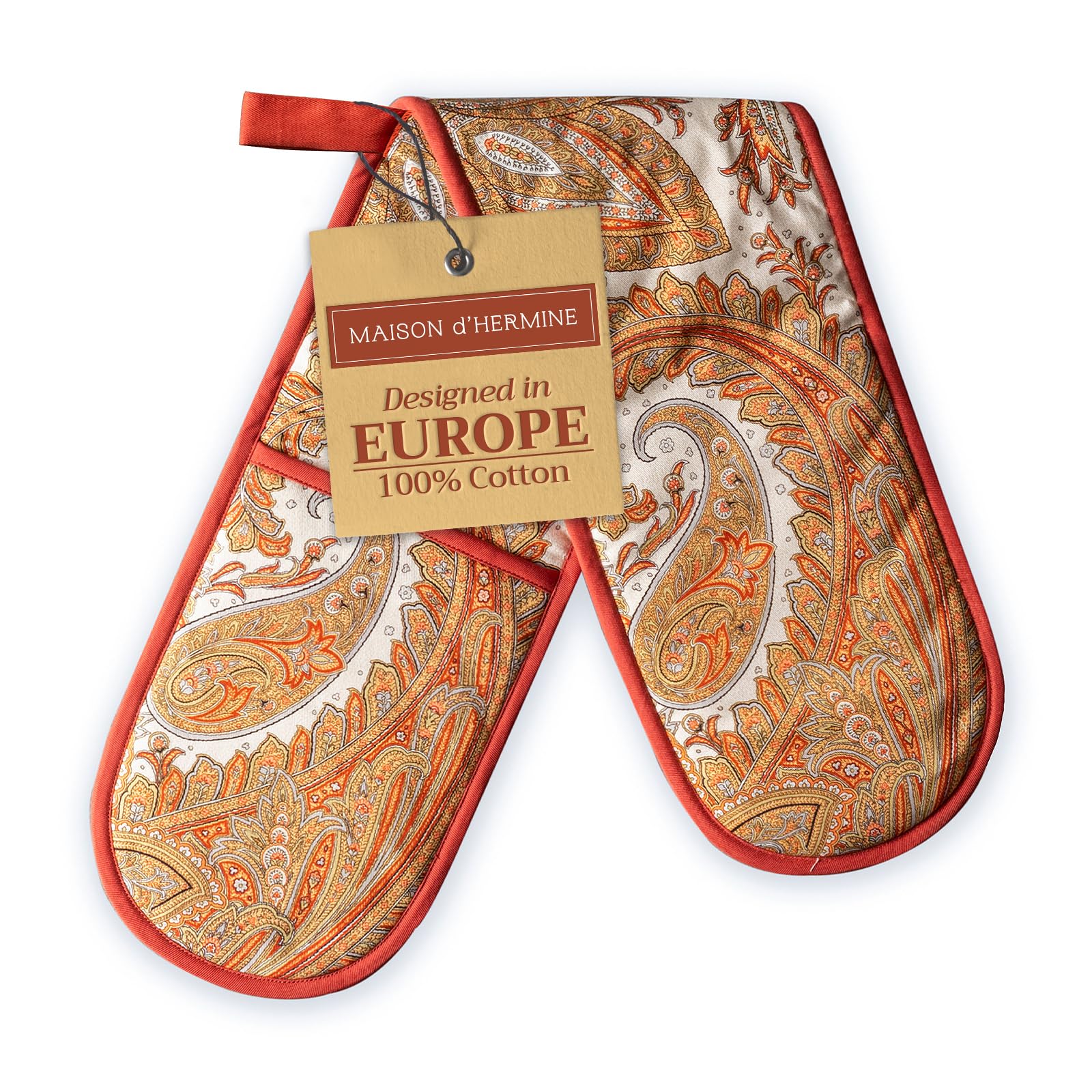 Maison d' Hermine Double Oven Mitt (18 cm x 89 cm) 100% Cotton Heat Resistant BBQ Cooking Gloves with Loop for Christmas Decorations Baking Cooking Barbeque Handling Hot Pan (Kashmir Paisley) — image 1
