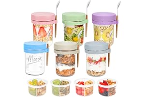Xyptorix 6 Pack Overnight Oats Containers with Lids and Spoons, 16 oz Mason Jars with Removable Separate Compartments, Airtig