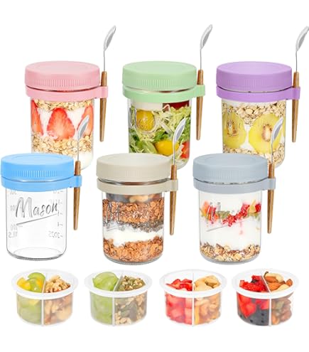 Recipientes De Avena Con Tapas Y Cuchara De 16 Onzas [paquete De 4] Tarros Grandes Herméticos De Avena Con Marcas De Medición, Tarros De Vidrio Para Yogur, Pudín De Semillas De