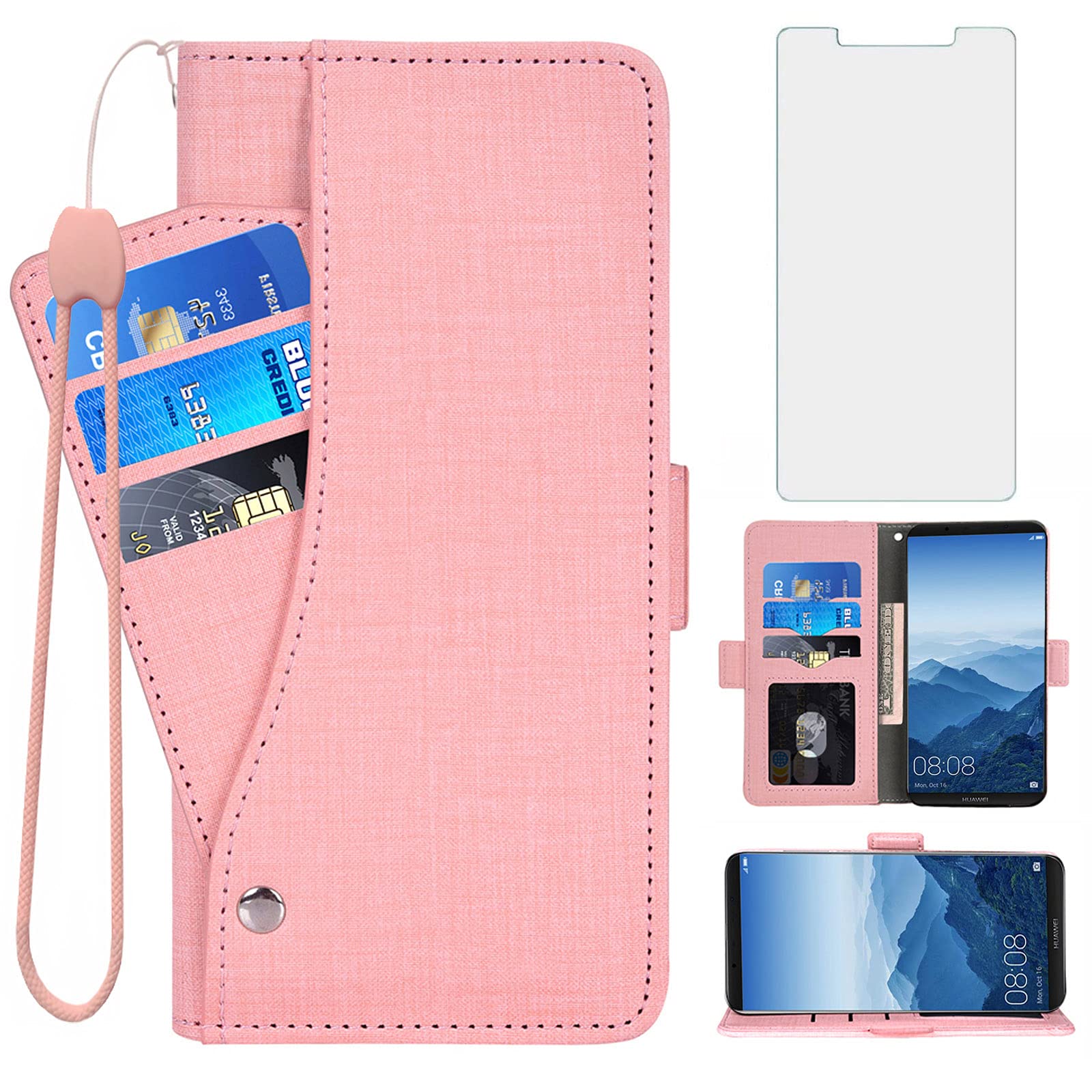 Asuwish Compatible with Huawei Mate 10 Pro Wallet Case and Tempered Glass Screen Protector Leather Flip Cover Card Holder Cell Accessories Phone Cases for Hawaii Mate10Pro Mate10 10Pro Women Pink