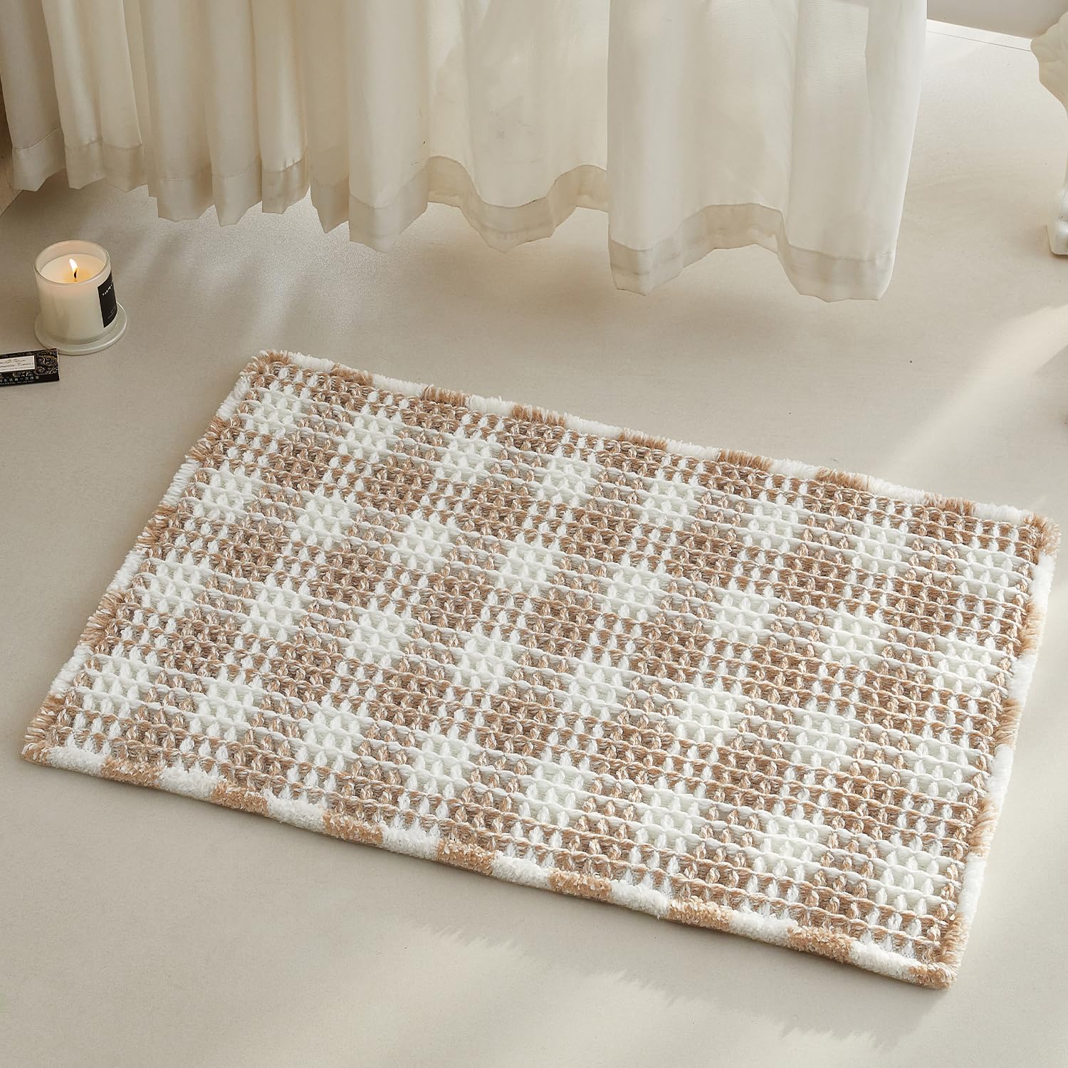 Photo 1 of TYUU Waffle Bath Mat, Boho Bathroom Rugs Non Slip Washable Absorbent Checkered Bathroom Mat Quick Dry Farmhouse Bathroom Decor, 30"x20" Khaki and White