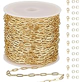 GTVOODX 33 Feet Gold Paperclip Chains for Jewelry Making Oval Soldered Stainless Steel Necklace Bulk Chain Roll Spool for DIY Bracelet Craft Supplies with Lobster Clasps Jump Rings
