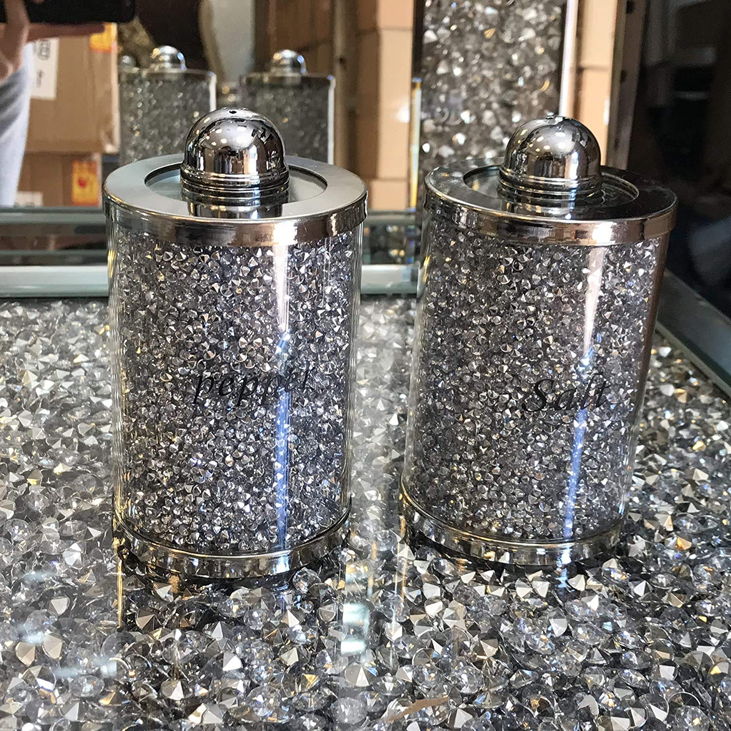 Value For Money - Fabulous Diamond Crushed & Crystal Filled Set of Salt & Pepper Storage CANISTERS - Unique Collection to Your Kitchen Decore. (Silver)