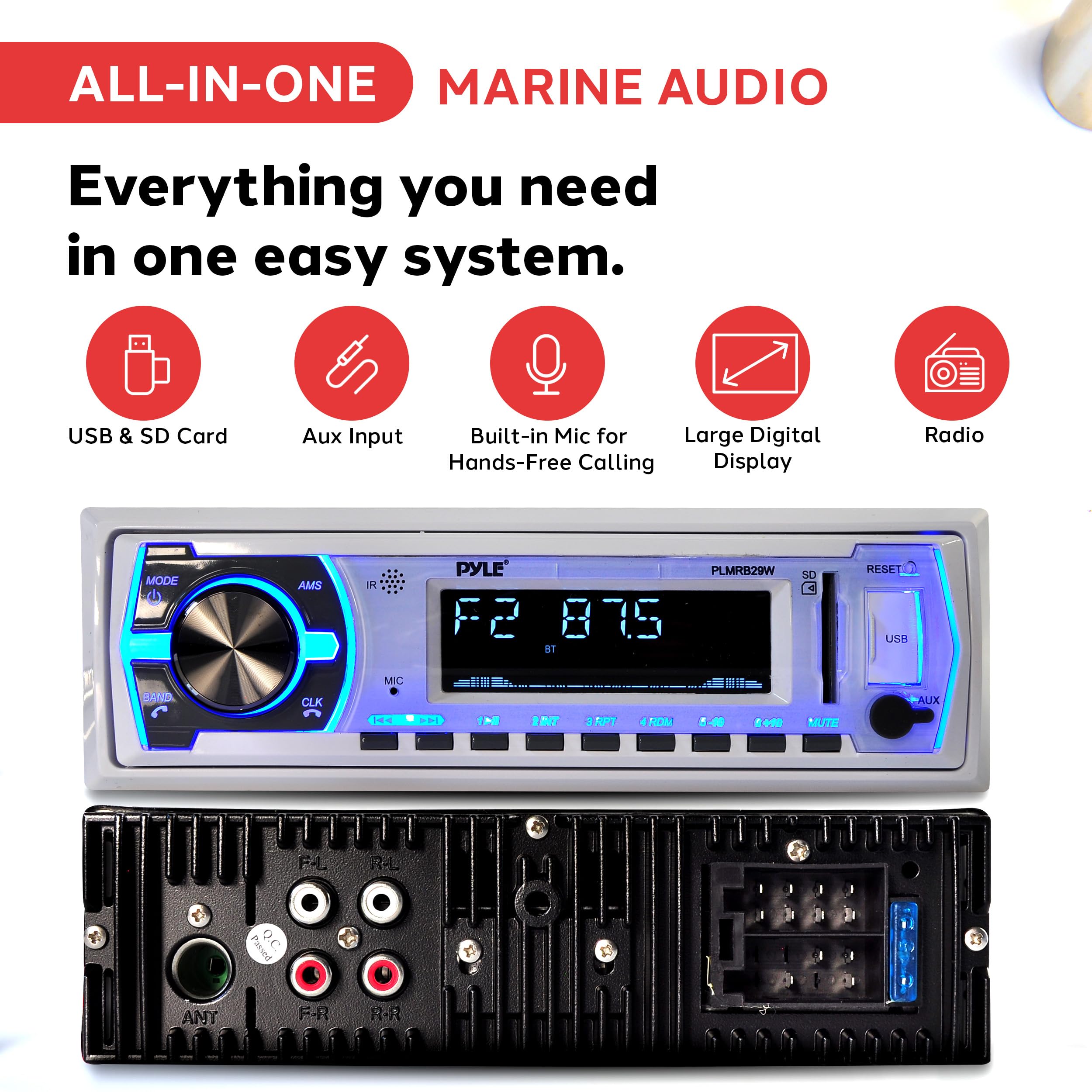 Pyle Marine Bluetooth Stereo Radio - 12v Single DIN Style Boat In dash Radio Receiver System with Built-in Mic, Digital LCD, RCA, MP3, USB, SD, AM FM Radio, Remote Control, White - PLMRB29W