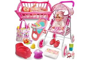 UFLJPKS Baby Doll Toys Set with Stroller, Crib, Dining Chair, Realistic Doll Accessories for Kids Pretend Play, Dolls Care Toys Playset for Girls Toddler Ages 3 4 5 6