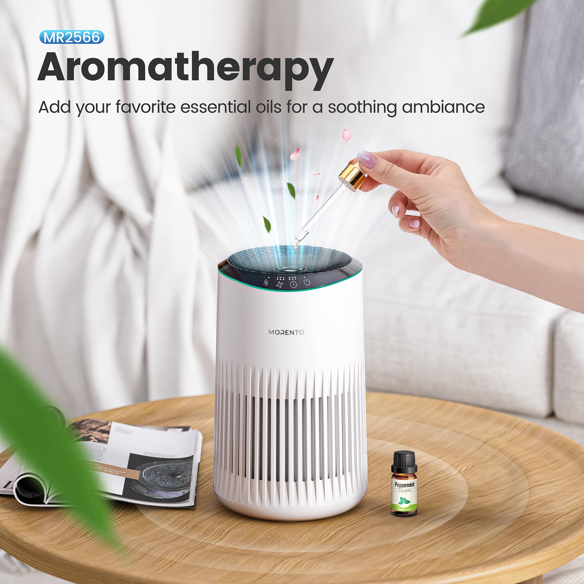 MORENTO Air Purifiers for Home, Air Purifier for Smoke Pet Dander Odors with Fragrance Sponge, Small Air Purifier with Sleep Mode for Bedroom Office, Blue Ambient Light, MR2566, White, 2 Pack