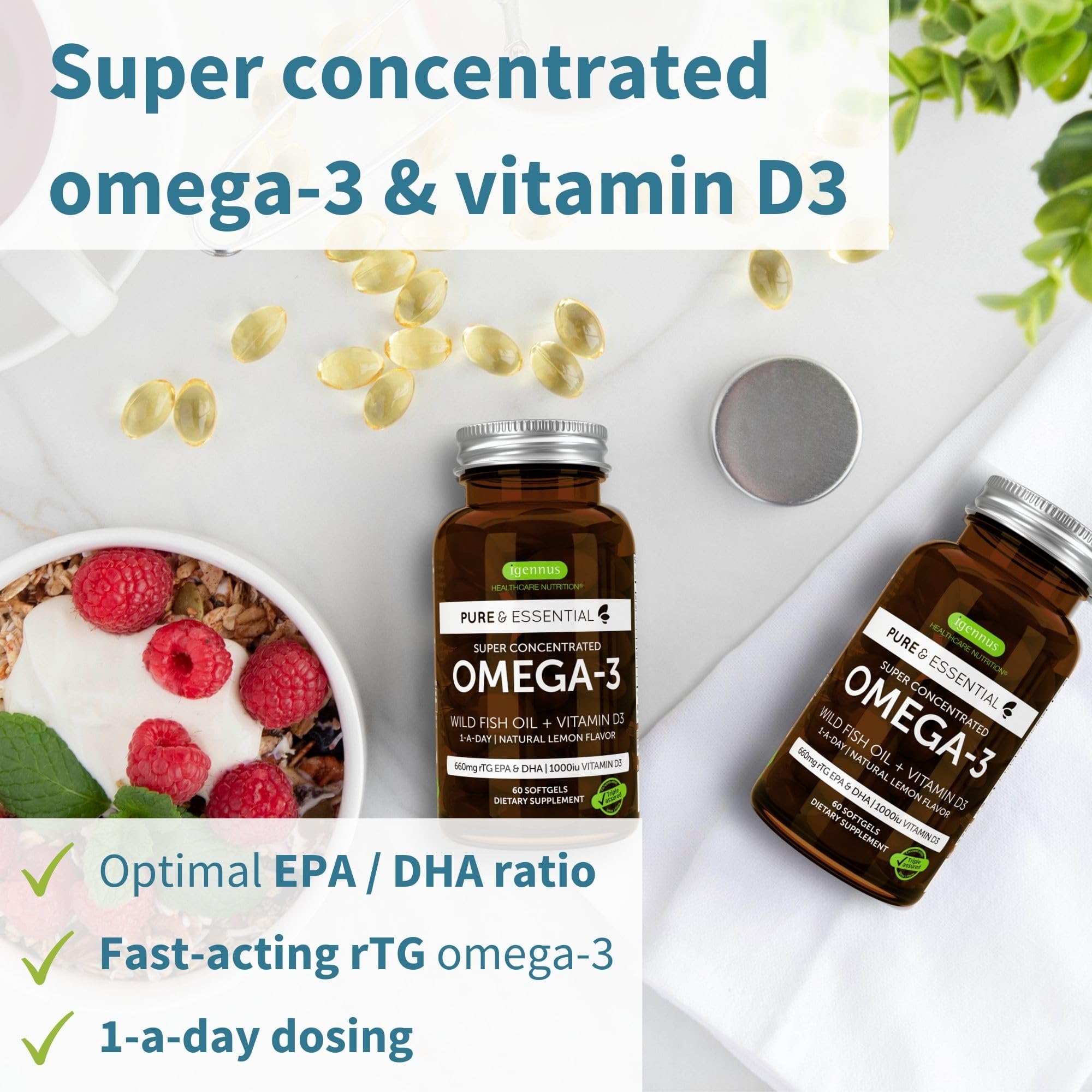 Pure & Essential Omega-3 & D3 1000iu, Fast-Acting rTG, Support Eyes, Heart & Brain Function, 1-a-Day, Highly Concentrated EPA & DHA Wild Fish Oil, Non-GMO, 60 Softgels