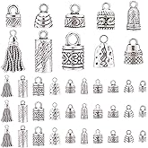 PH PandaHall Cord Ends Caps, 117pcs 10 Styles Tibetan Alloy Leather Cap Glue in Barrel End Caps Tube Crimp Beads End Caps Thread Ends for Kumihimo Jewelry Making Bracelet Necklace 4~8mm