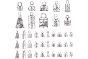 PH PandaHall Cord Ends Caps, 117pcs 10 Styles Tibetan Alloy Leather Cap Glue in Barrel End Caps Tube Crimp Beads End Caps Thread Ends for Kumihimo Jewelry Making Bracelet Necklace 4~8mm