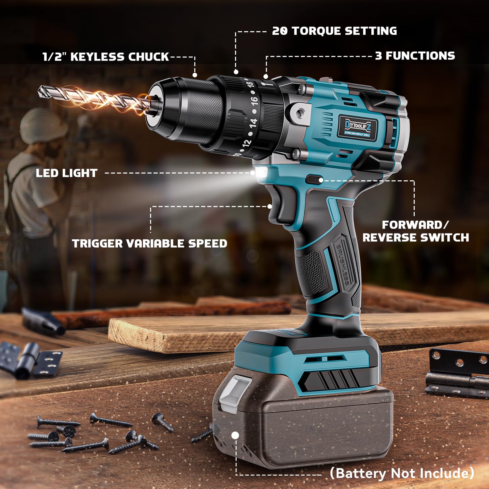 Cordless Power Drill for Makita 18v Battery: 3 Modes Electric Power Driver/Drill Kit Tool, 1/2 Inch Keyless Chuck Cordless Impact Drills Set, 20 Position, Variable Speed, for Home, Garden(No Battery)
